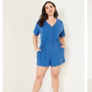 Short-Sleeve Romper Button Up V-Neck Textured-Knit Utility -- 3.5-inch inseam